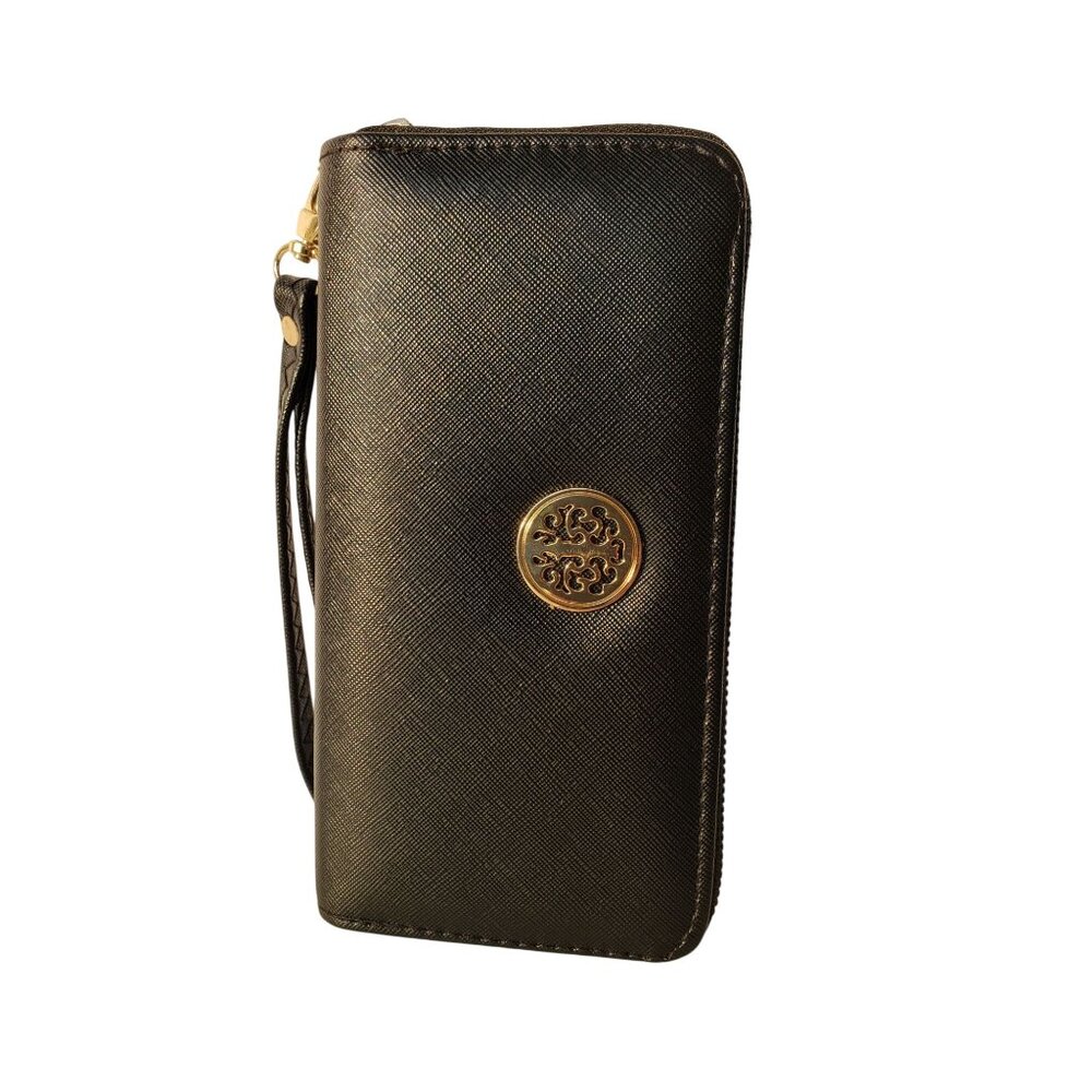 Womens Zip Around Wallet Elegant Gold Emblem Wristlet Strap Sophisticated Preppy